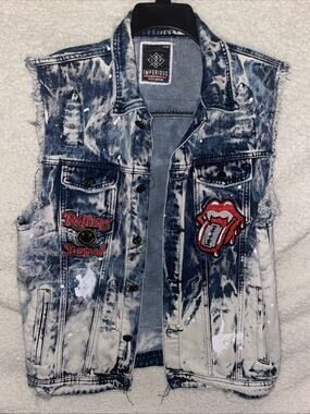 Imperious Rolling Stoned Rocker Biker Denim Acid Wash Vest Jacket Men's Large